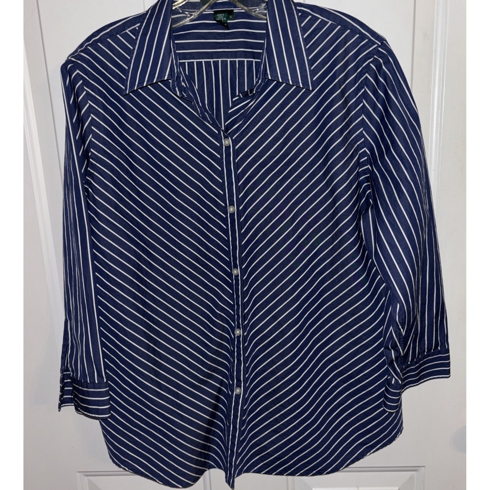LRL Ralph Lauren Women's XL Blue White Diagonal 100% Cotton Striped Button Up